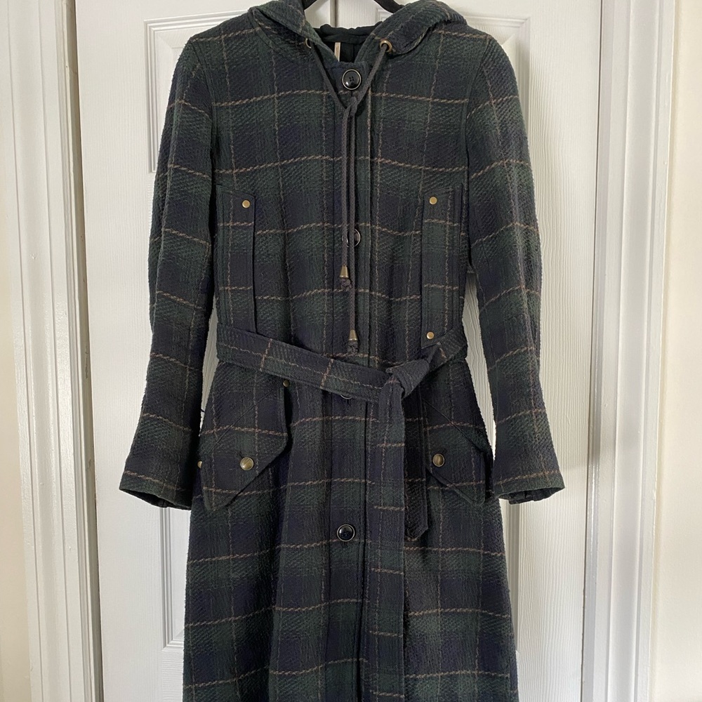 Free People Dark Green Plaid Wool Hooded Trench Coat